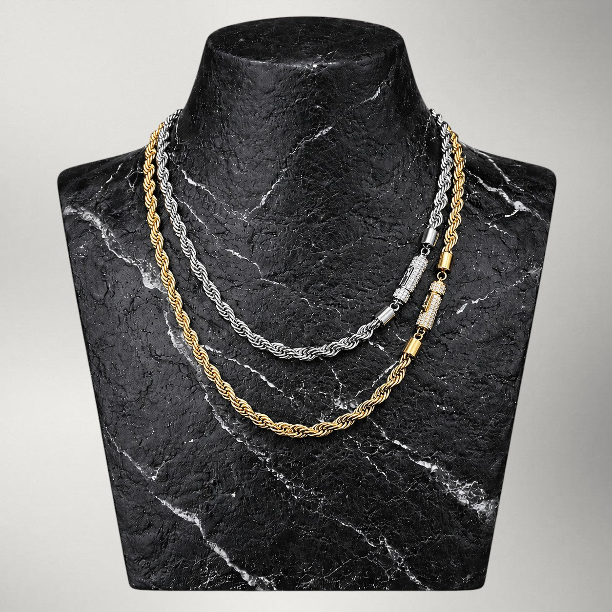 Iced-Clasp Rope Chain Necklace in Gold & Silver — 6mm Stainless Steel