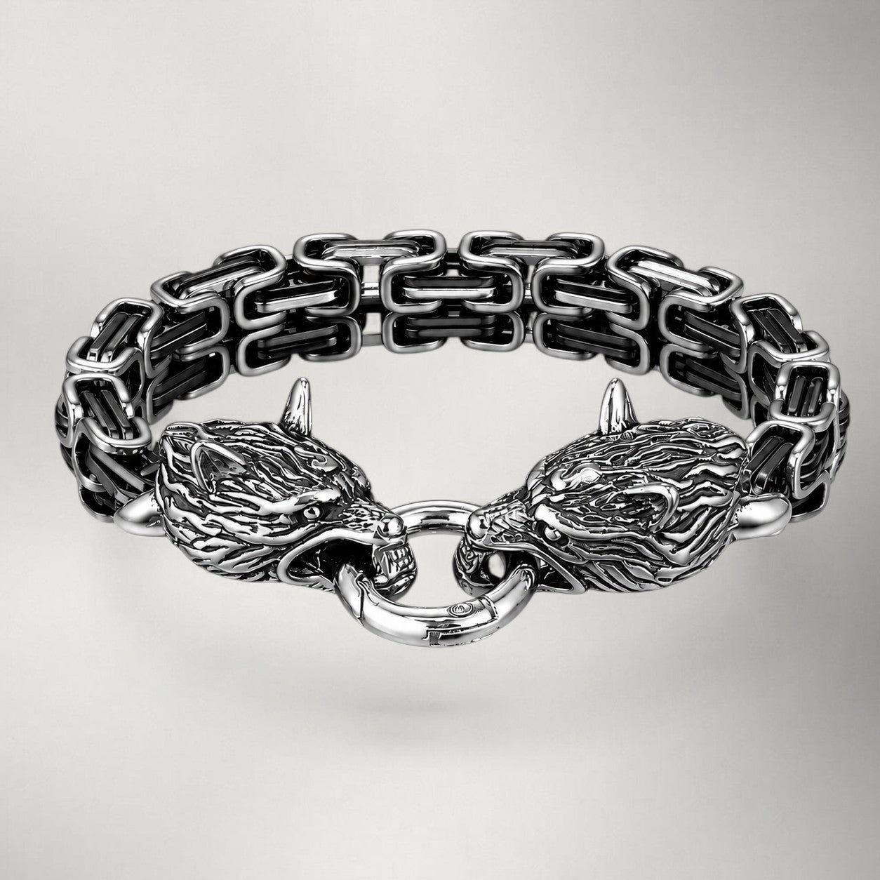 Wolf Head Cuff Bracelet in Stainless Steel — Norse Viking Bangle