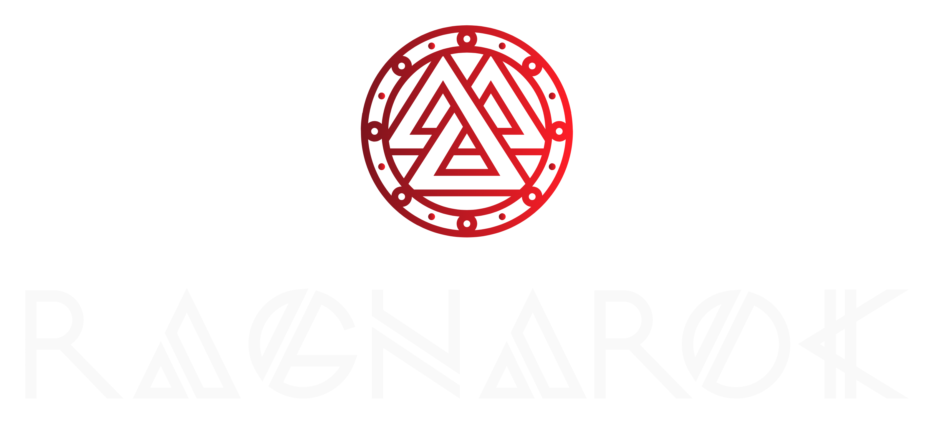 Red Viking Valknut symbol above white "RAGNAROK" text, logo for Ragnarok Jewelry & Apparel.