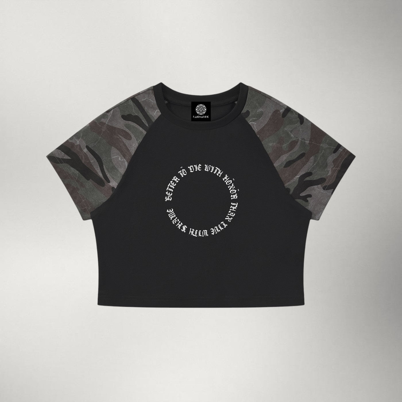 Die with Honor — Women's Camo Raglan Crop Tee