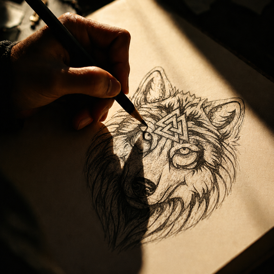Hand drawing a detailed Fenrir wolf head with a Valknut symbol on its forehead, on light brown paper.