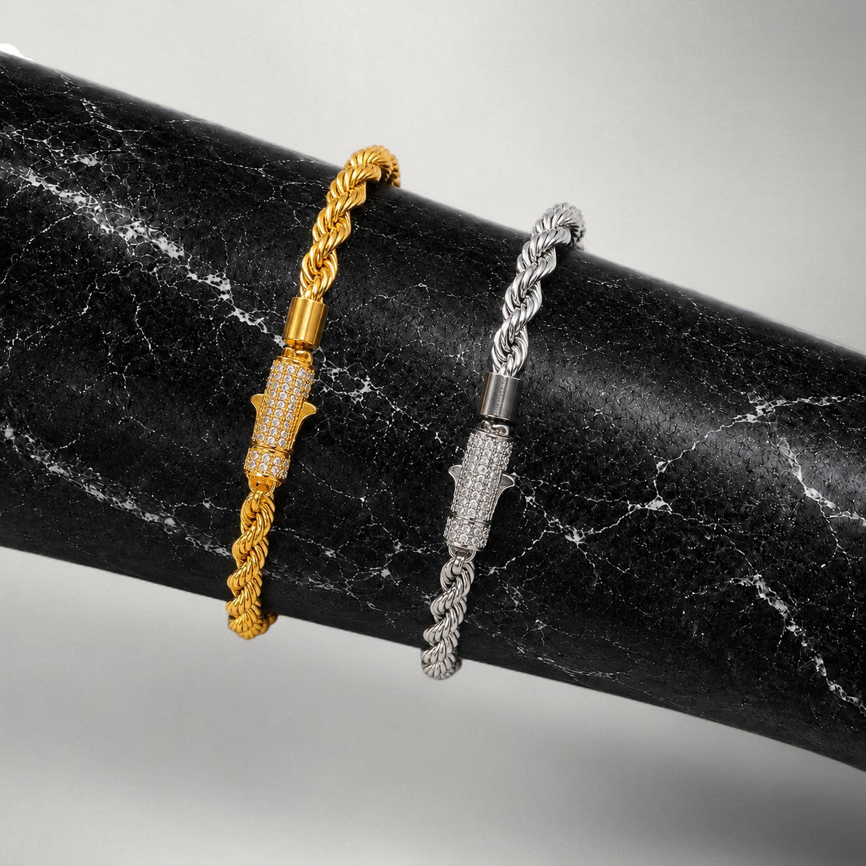 Iced-Clasp Rope Chain Bracelet in Gold & Silver — 6mm Stainless Steel