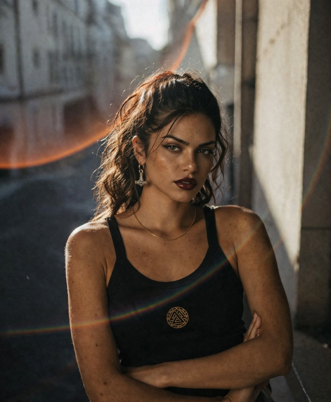Woman in black Ragnarok Jewelry & Apparel tank top with gold logo, Mjölnir earrings, and chain necklace.